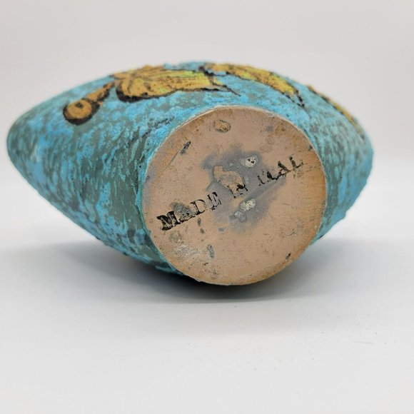 Vintage MCM Italian Pottery Basket Blue Lava Glaze With Yellow Leaf 8" Hand Pain - Picture 8 of 13